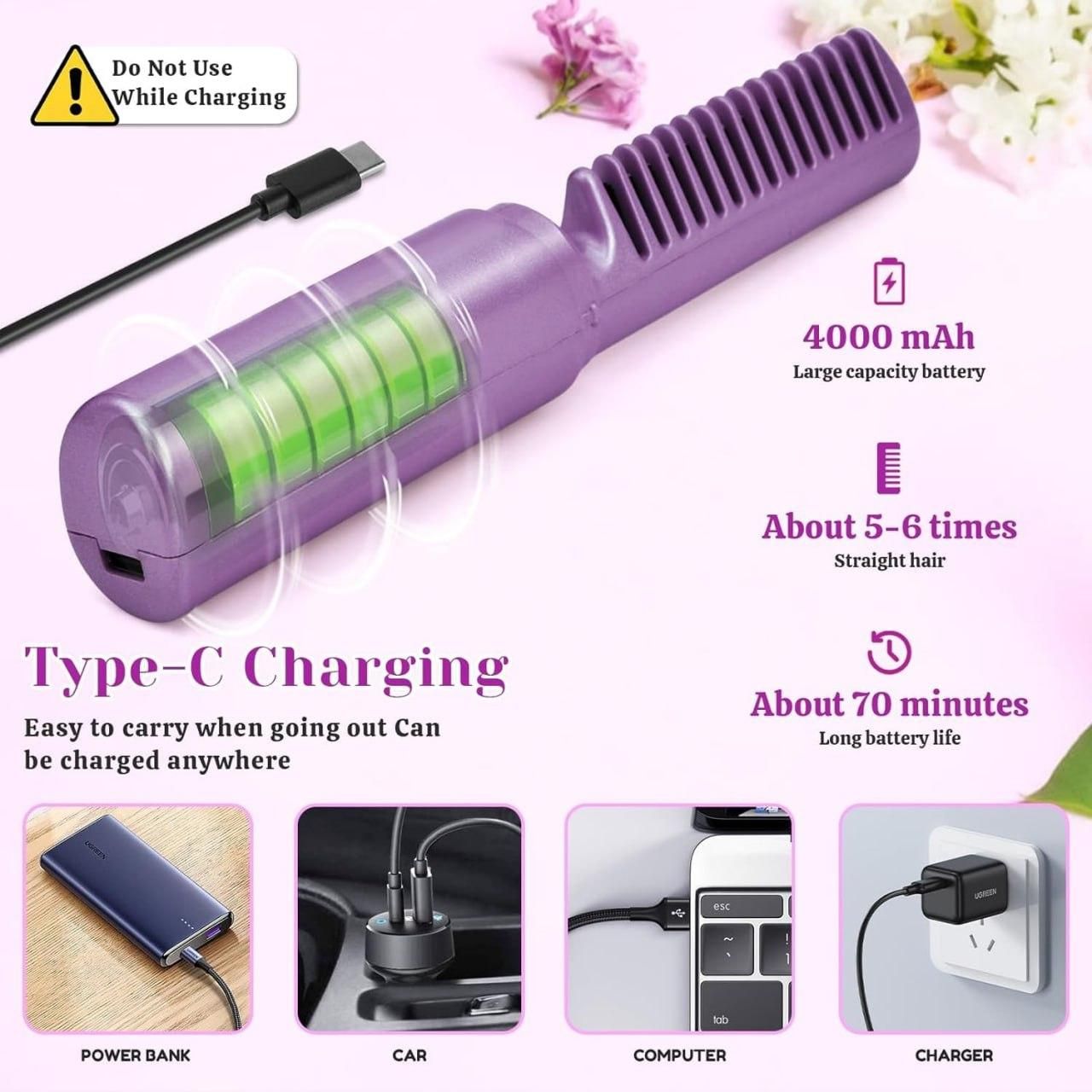 Hair Straightener with wireless Rechargeable Adjustable Hair Straightener Hot Comb