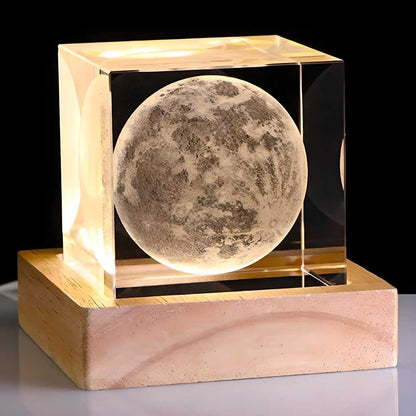 Decorative Moon Crystal Cube Night Light with USB LED Warm Lighting Wood Base